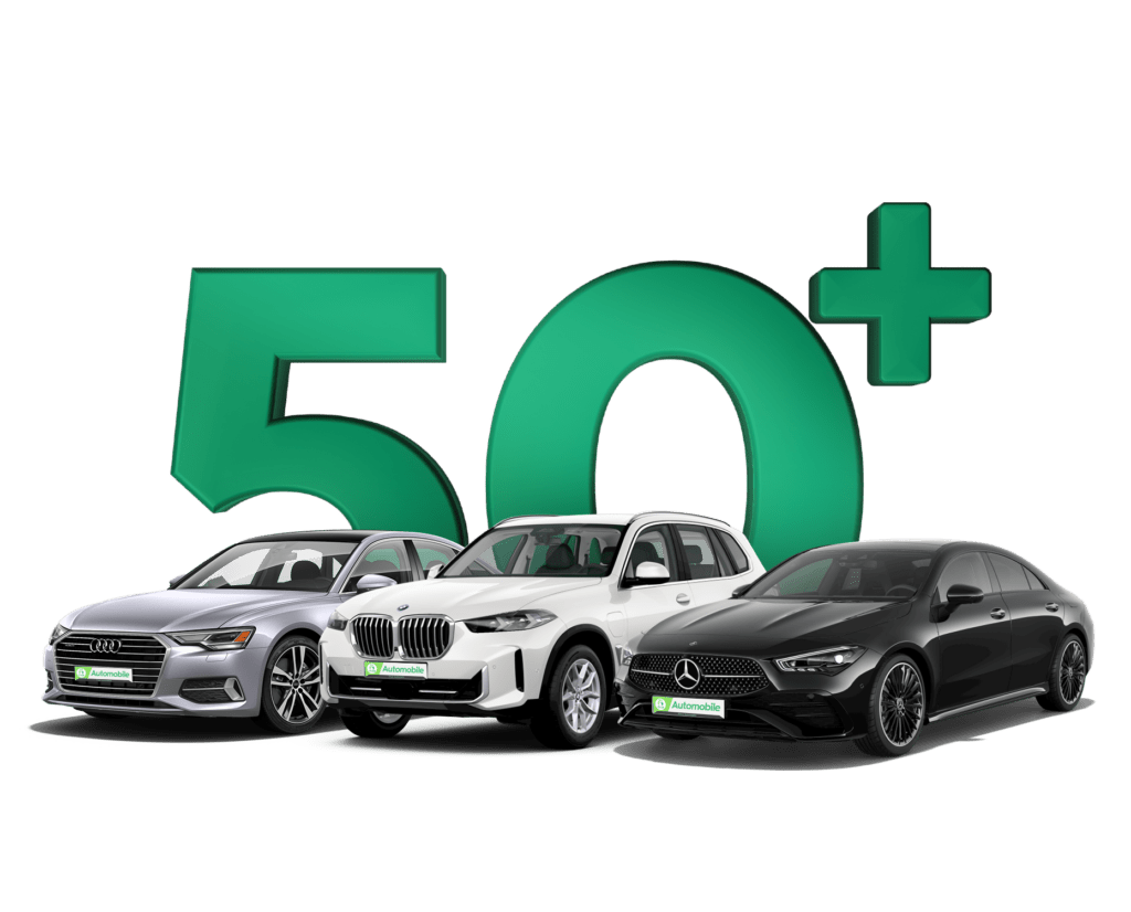 Drei hochwertige Gebrauchtwagen – Audi, BMW und Mercedes – vor einem großen grünen '50+'-Schriftzug, der die breite Auswahl an über 50 Fahrzeugen bei iTrust Automobile symbolisiert.