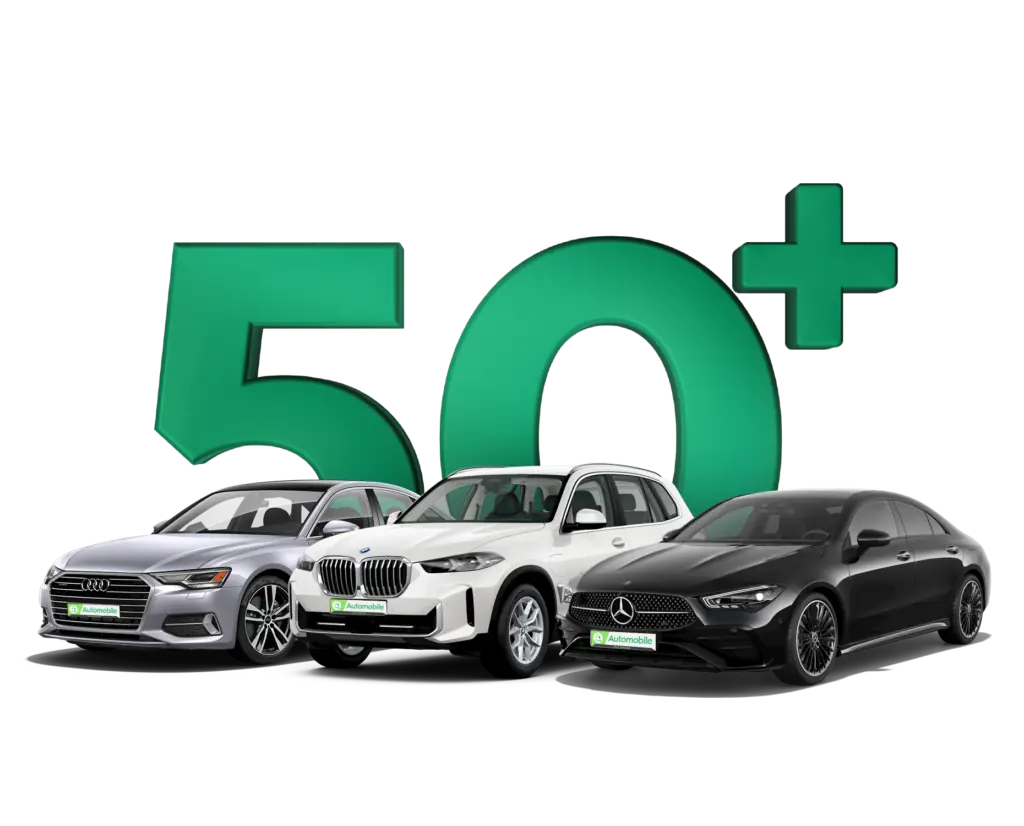 Servicewelt 1 Drei hochwertige Gebrauchtwagen – Audi, BMW und Mercedes – vor einem großen grünen '50+'-Schriftzug, der die breite Auswahl an über 50 Fahrzeugen bei iTrust Automobile symbolisiert.