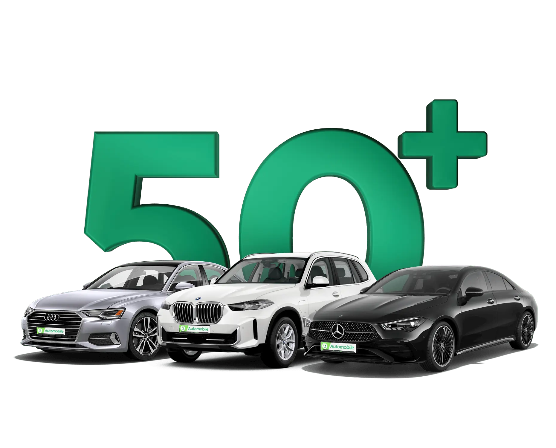 Drei hochwertige Gebrauchtwagen – Audi, BMW und Mercedes – vor einem großen grünen '50+'-Schriftzug, der die breite Auswahl an über 50 Fahrzeugen bei iTrust Automobile symbolisiert.