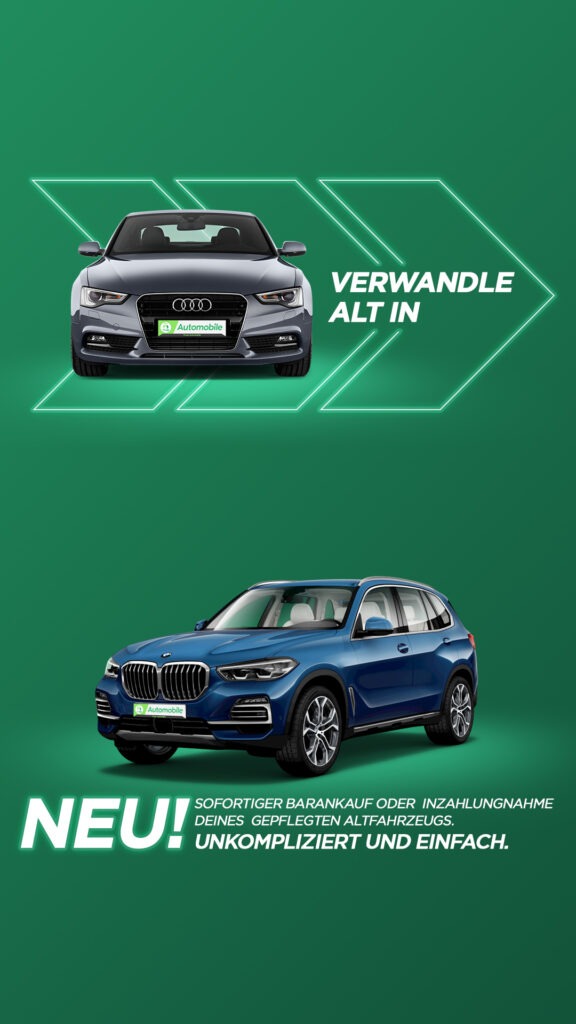 Zwei Autos, ein älterer Audi und ein neuer BMW, vor einem grünen Hintergrund mit dem Slogan 'Verwandle alt in neu!' – Angebot von iTrust Automobile für sofortigen Barankauf oder Inzahlungnahme deines gepflegten Altfahrzeugs.
