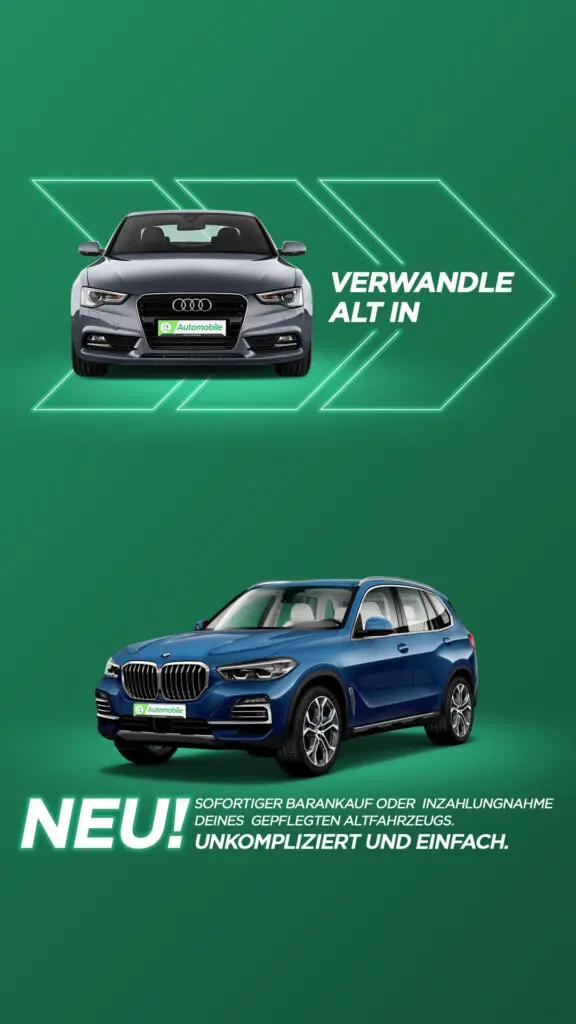 Zwei Autos, ein älterer Audi und ein neuer BMW, vor einem grünen Hintergrund mit dem Slogan 'Verwandle alt in neu!' – Angebot von iTrust Automobile für sofortigen Barankauf oder Inzahlungnahme deines gepflegten Altfahrzeugs.