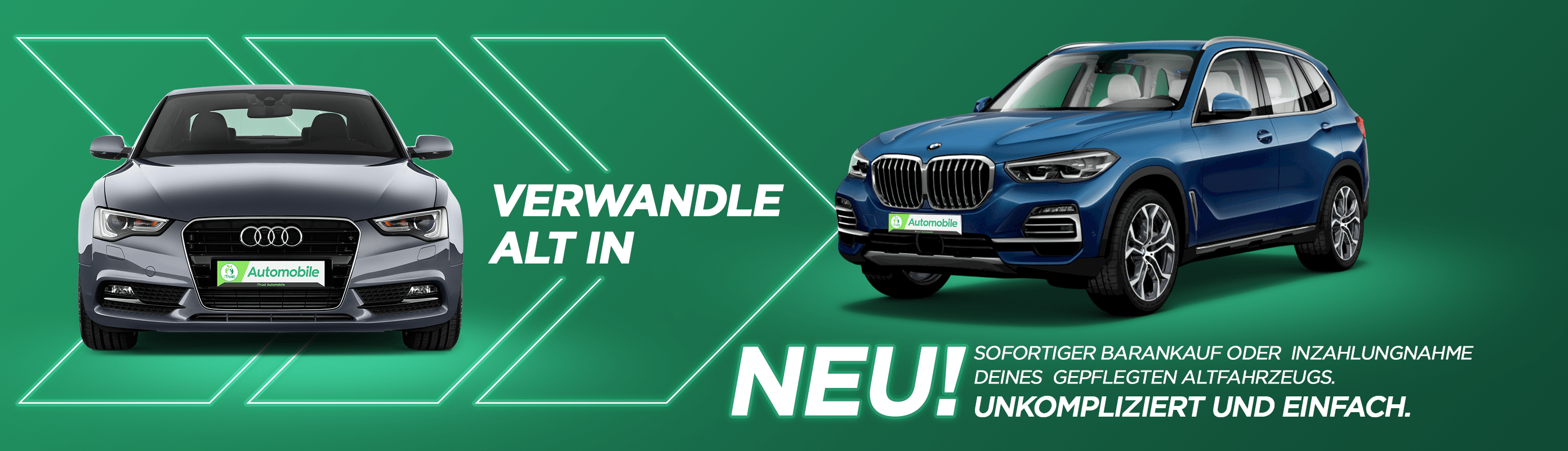 Zwei Autos, ein älterer Audi und ein neuer BMW, vor einem grünen Hintergrund mit dem Slogan 'Verwandle alt in neu!' – Angebot von iTrust Automobile für sofortigen Barankauf oder Inzahlungnahme deines gepflegten Altfahrzeugs.