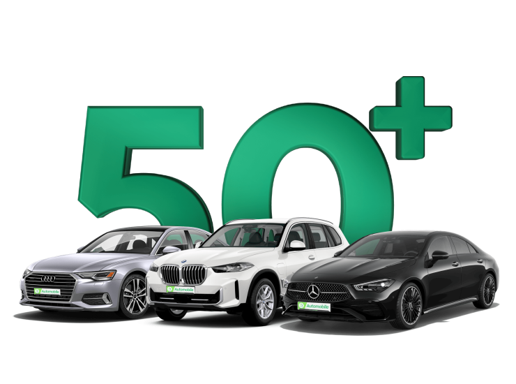 Drei hochwertige Gebrauchtwagen – Audi, BMW und Mercedes – vor einem großen grünen '50+'-Schriftzug, der die breite Auswahl an über 50 Fahrzeugen bei iTrust Automobile symbolisiert.