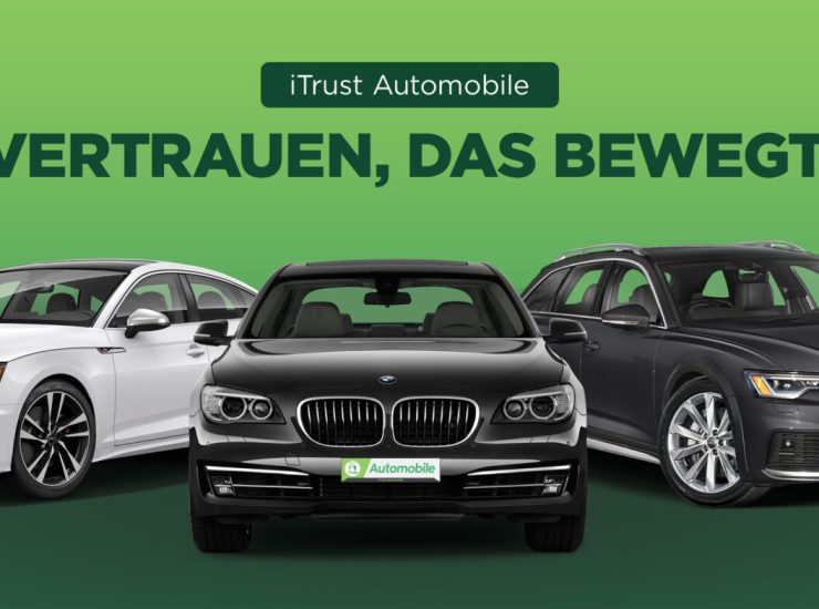 Verschiedene Gebrauchtwagenmodelle von iTrust Automobile vor einem grünen Hintergrund mit dem Slogan 'Vertrauen, das bewegt.' – Gebrauchtwagenhändler in Solingen.